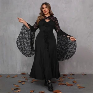 Plus Size Gothic Lace Hooded Maxi Dress (Halloween)