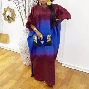 Women’s Modest Color Block Satin Bubu Dress – V-Neck, Half Sleeve, Side Slit