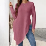 Plus Size Ribbed Long Sleeve Asymmetrical Tunic (1XL–5XL)