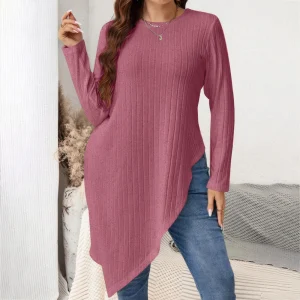 Plus Size Ribbed Long Sleeve Asymmetrical Tunic (1XL–5XL)