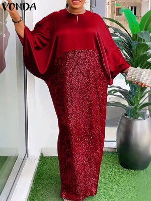VONDA 2025 Plus Size Vintage Patchwork Maxi Dress – Casual 3/4 Bat-Wing Sleeve Sundress