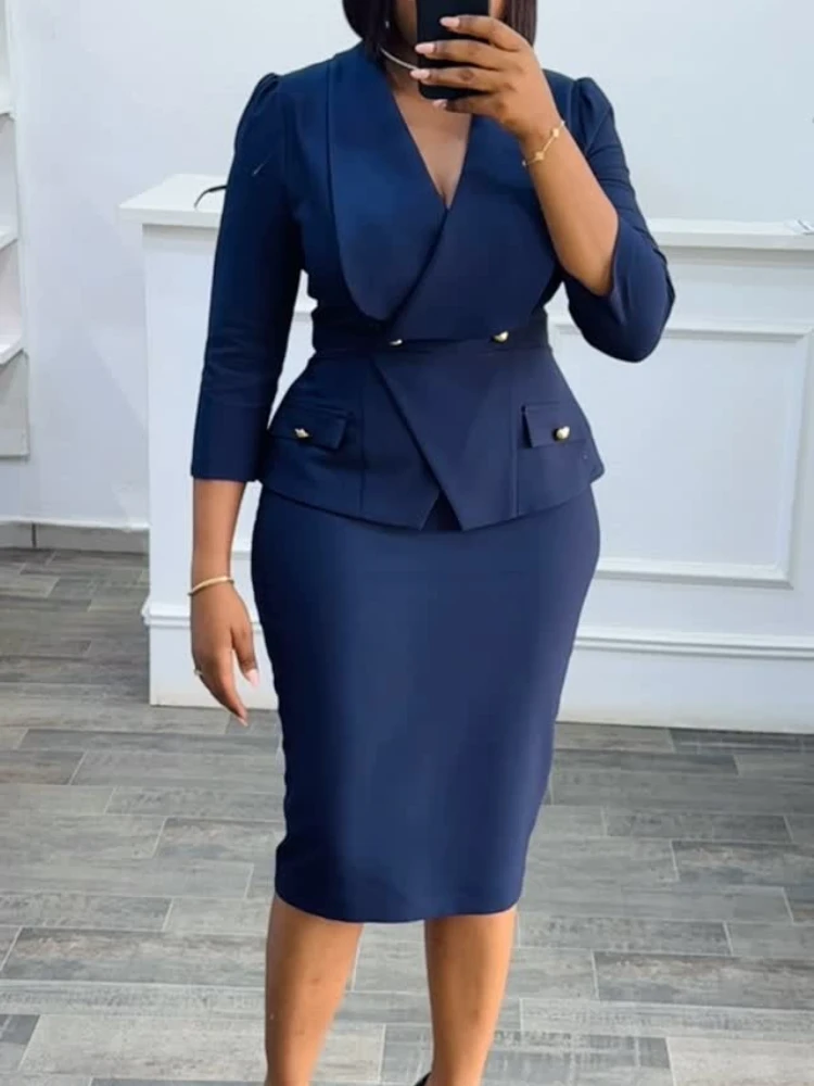 Elegant Peplum Church & Work Dress with Turn-Down Collar - Image 3