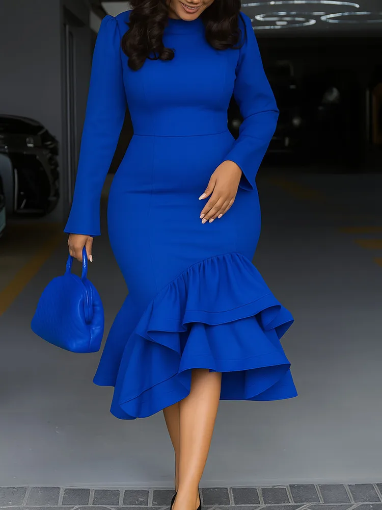 Elegant Long Sleeve Mermaid Dress with Ruffles – Office & Party - Image 2