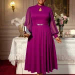 Elegant Midi Party Dress with Sheer Lantern Sleeves