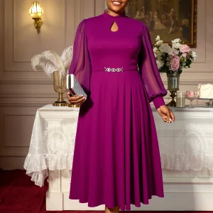 Elegant Midi Party Dress with Sheer Lantern Sleeves