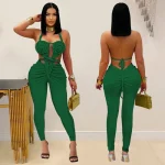 Trendy Halter Neck Ribbed Ruched Jumpsuit for Women