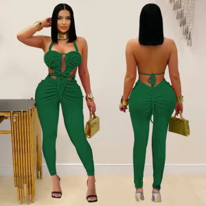 Trendy Halter Neck Ribbed Ruched Jumpsuit for Women
