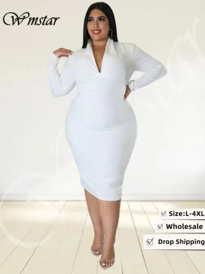 Wmstar Plus Size Sexy V-Neck Long Sleeve Maxi Dress – Elegant Party & Office