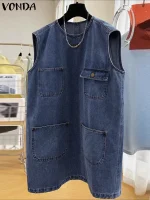2025 VONDA Sleeveless Mini Dress – Casual Pockets & Buttons