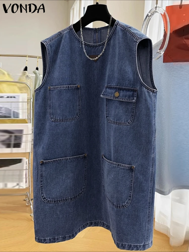 2025 VONDA Sleeveless Mini Dress – Casual Pockets & Buttons