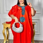 Women’s Sequined African Boubou Kaftan Dress with Patchwork & O-Neck