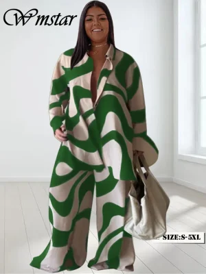 Wmstar Women’s Casual Print Long Top & Pants Set (S-5XL)