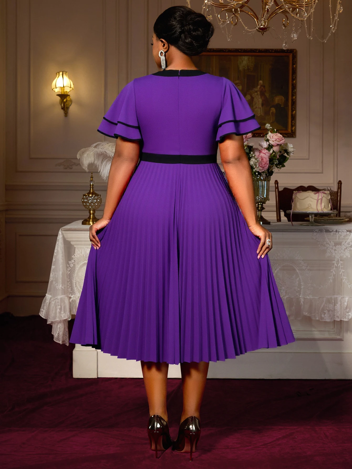 Elegant A-Line Midi Dress – O-Neck Bow & Layered Sleeves - Image 2