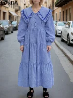 2025 VONDA Plus Size 5XL Autumn Plaid Maxi Dress – Peter Pan Collar