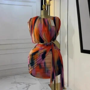 New Fashion Tie-Dye Women’s 2-Piece Set – Ruched Crop Top & Mini Skirt