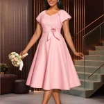 Elegant Pink Jacquard Midi Dress with Puff Sleeves & 3D Flowers