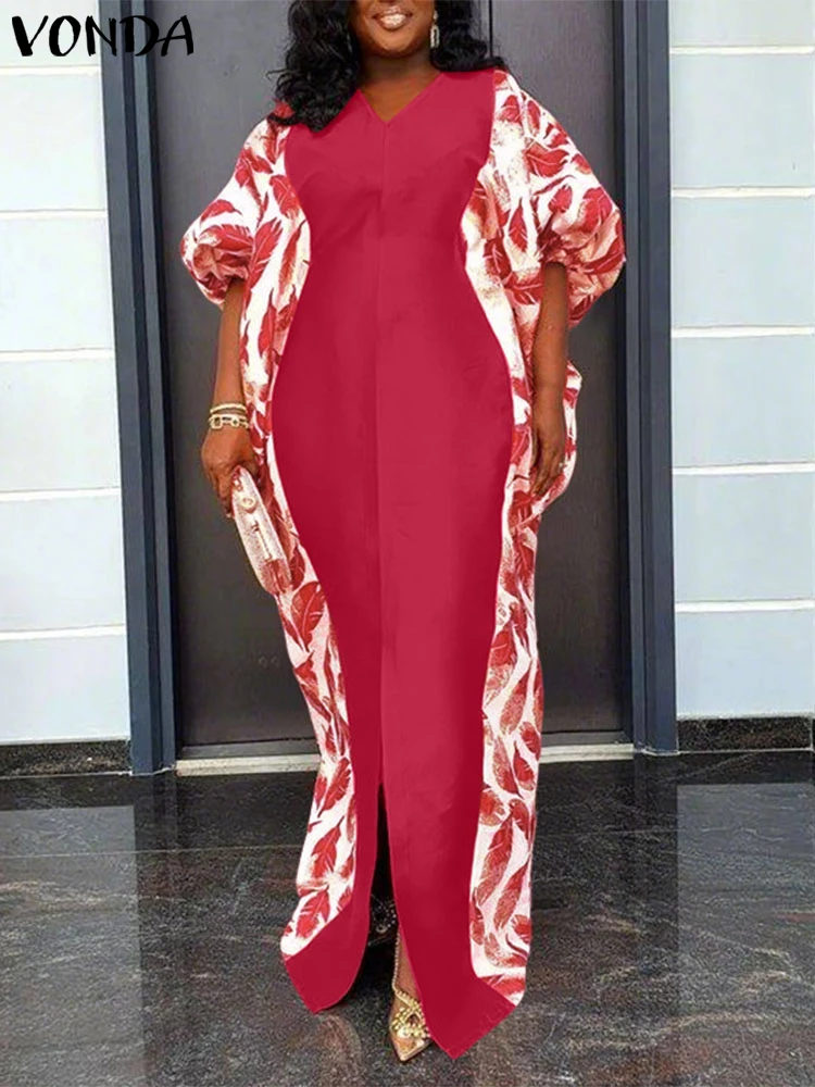 2025 VONDA Plus Size Autumn Printed Sundress – Bat-Wing Sleeve, 5XL - Image 3