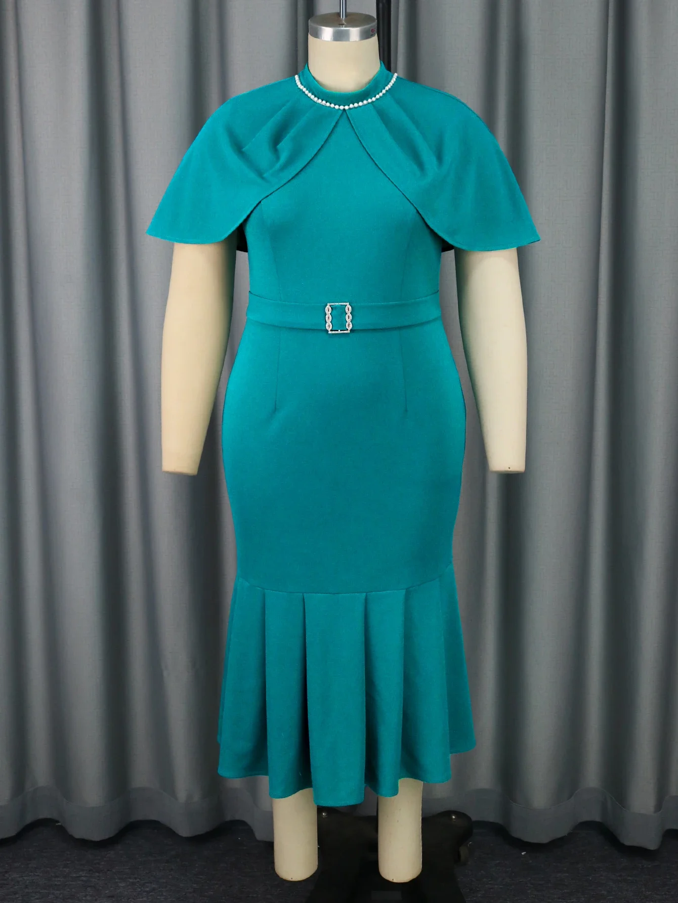 Elegant Fishtail Dress – High Collar, Beaded Cloak Sleeves - Image 2
