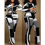 2024 African Fashion Two-Piece Set – Geometric Print Zip-Up Top & Pants