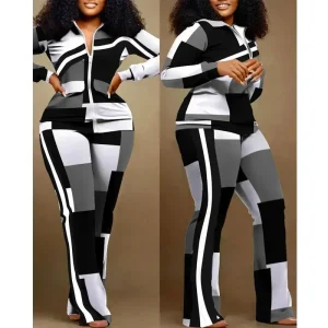 2024 African Fashion Two-Piece Set – Geometric Print Zip-Up Top & Pants