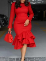 Elegant Long Sleeve Mermaid Dress with Ruffles – Office & Party