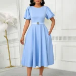 Elegant A-Line Midi Dress – O-Neck, Puff Sleeves, Belted Waist