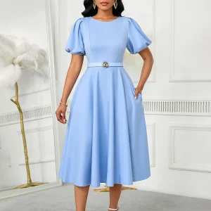 Elegant A-Line Midi Dress – O-Neck, Puff Sleeves, Belted Waist
