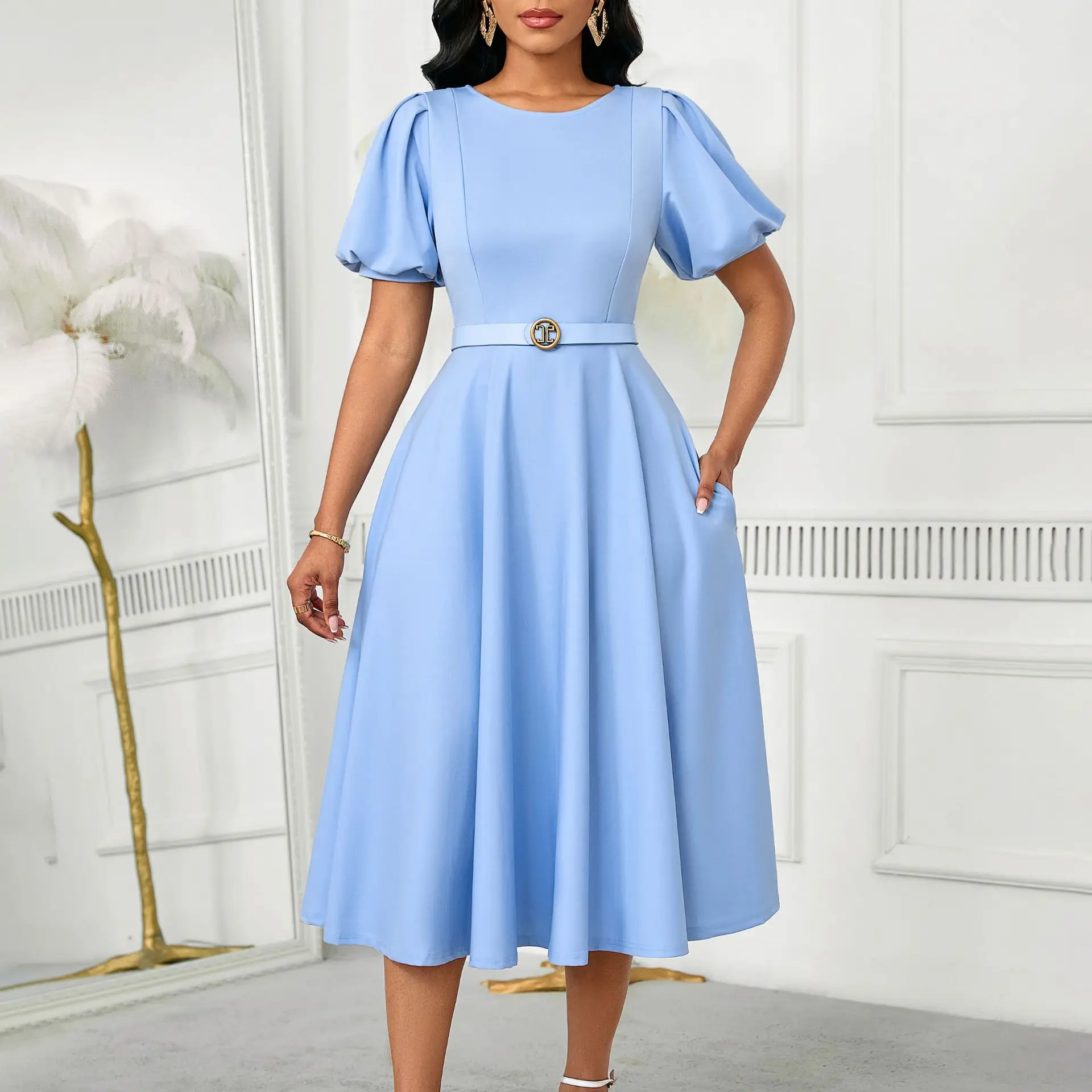 Elegant A-Line Midi Dress – O-Neck, Puff Sleeves, Belted Waist