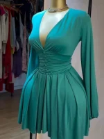 Wmstar Women's Pleated Deep V-Neck Long Sleeve Dress