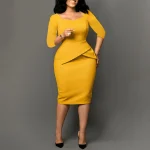 Women’s Elegant Peplum Pencil Dress – Square Collar, 3/4 Sleeves