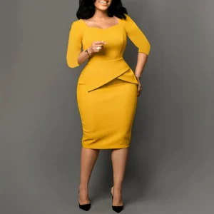 Women’s Elegant Peplum Pencil Dress – Square Collar, 3/4 Sleeves