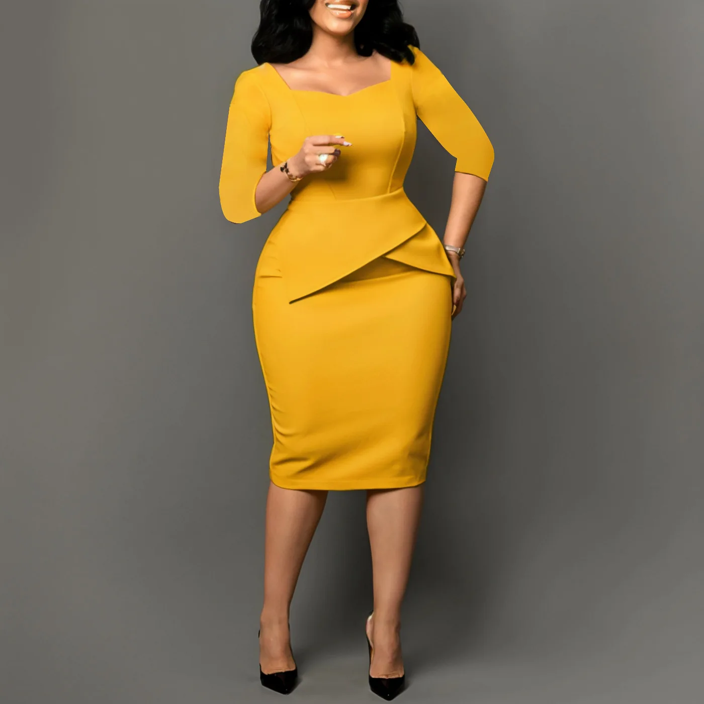 Women’s Elegant Peplum Pencil Dress – Square Collar, 3/4 Sleeves