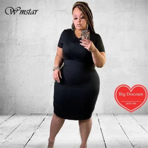 Wmstar Plus Size V-Neck Bodycon Midi Dress – Summer Casual Elegance