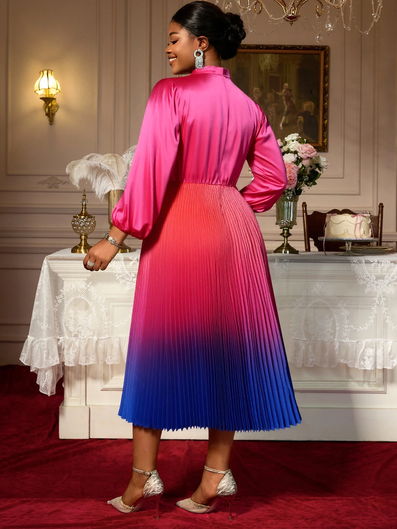 Elegant Satin Gradient A-Line Dress with Bow Collar - Image 2