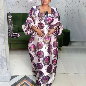 Women’s Embroidered Floral Bubu Dress with Square Collar & Lantern Sleeves