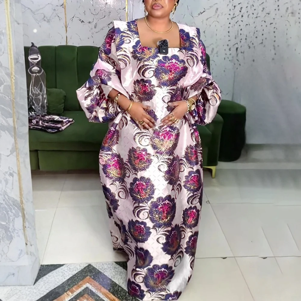 Women’s Embroidered Floral Bubu Dress with Square Collar & Lantern Sleeves