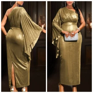 Shiny One-Shoulder Bodycon Dress with Flare Sleeves