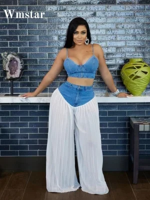 Wmstar Women’s Denim Patchwork Vest & Pleated Wide-Leg Pants Set