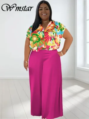 Wmstar Plus Size Two-Piece Set – Printed T-Shirt & Wide Leg Pants