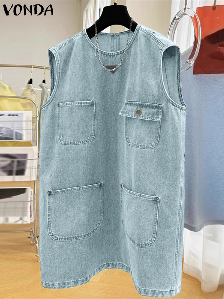 2025 VONDA Sleeveless Mini Dress – Casual Pockets & Buttons - Image 2