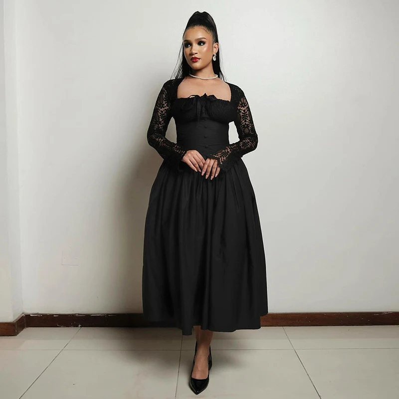 Elegant Vintage Long Dress – Lace Sleeves & Square Collar - Image 4