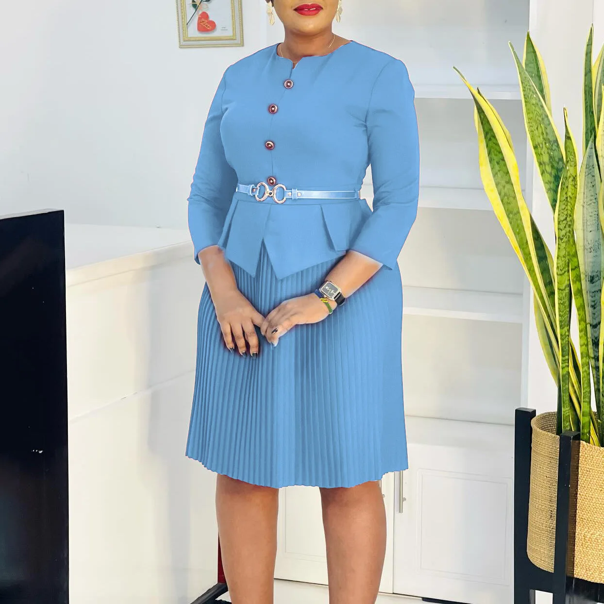 Elegant Peplum Work Dress with Waist Belt - Image 6