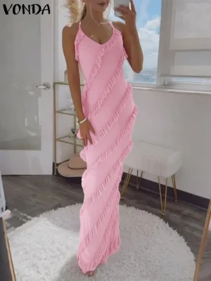2025 VONDA Sleeveless V-Neck Evening Dress – Solid Color Sundress