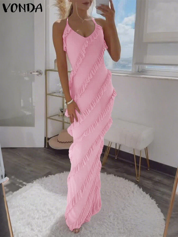 2025 VONDA Sleeveless V-Neck Evening Dress – Solid Color Sundress