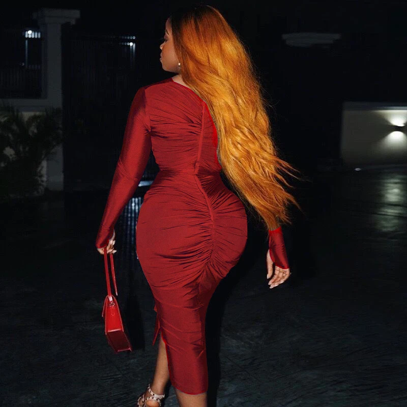 African Fashion Autumn Rose Ruched Long Sleeve Bodycon Dress - Image 2