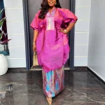 Elegant African Satin Two-Piece Set with Printed Drawstring Top & Skirt