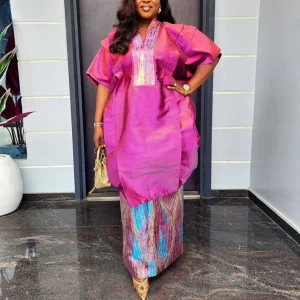 Elegant African Satin Two-Piece Set with Printed Drawstring Top & Skirt