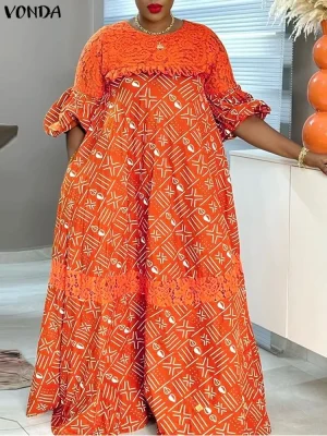 VONDA Plus Size Vintage Lace Patchwork Sundress – Casual Half Sleeve Dress
