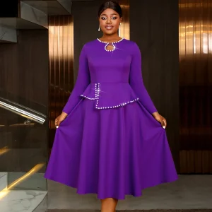 Elegant Beaded A-Line Midi Dress with Pearl Trim