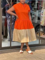 Color Block Midi Dress – O-Neck, Lace-Up, A-Line